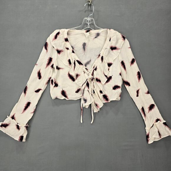 Forever 21 White Crop Top Ruffled V-Neck Long Sleeves Shirt Lightweight Womens S - Picture 2 of 10